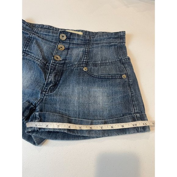 Forever 21 Womens High Waist Denim Shorts Roll Cuffed Hem Button Fly Blue SZ 28 - Picture 6 of 7